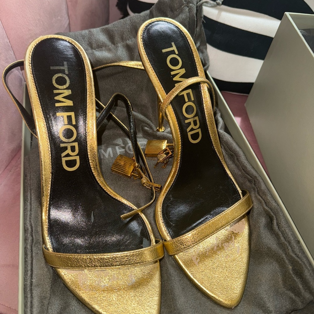 Tom Ford Gold and Black Slingback Heels Medium Height